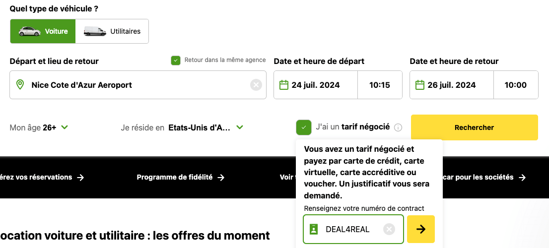 Comment utiliser un tarif négocié sur Europcar