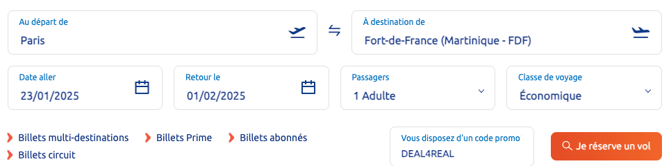 Ou mettre un code promo sur le site Air Caraibes